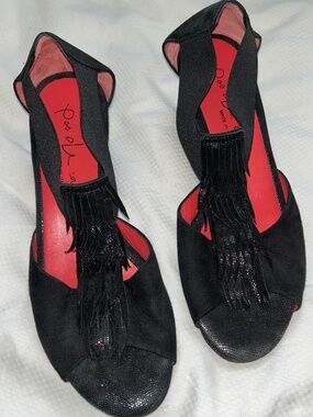 pos de rouge ITALY black suede layered fringe heeled sandals 39 8